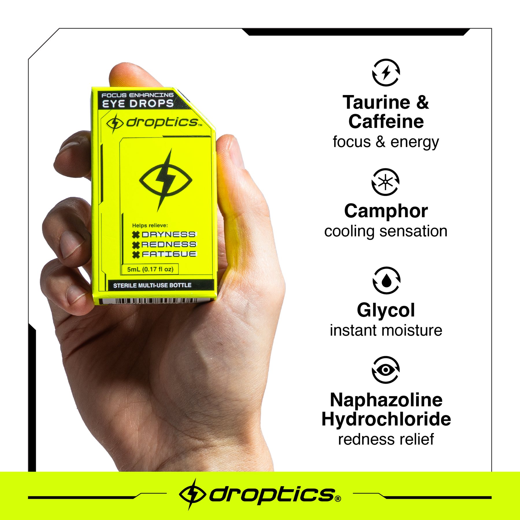 Droptics packaging in hand with ingredient callouts