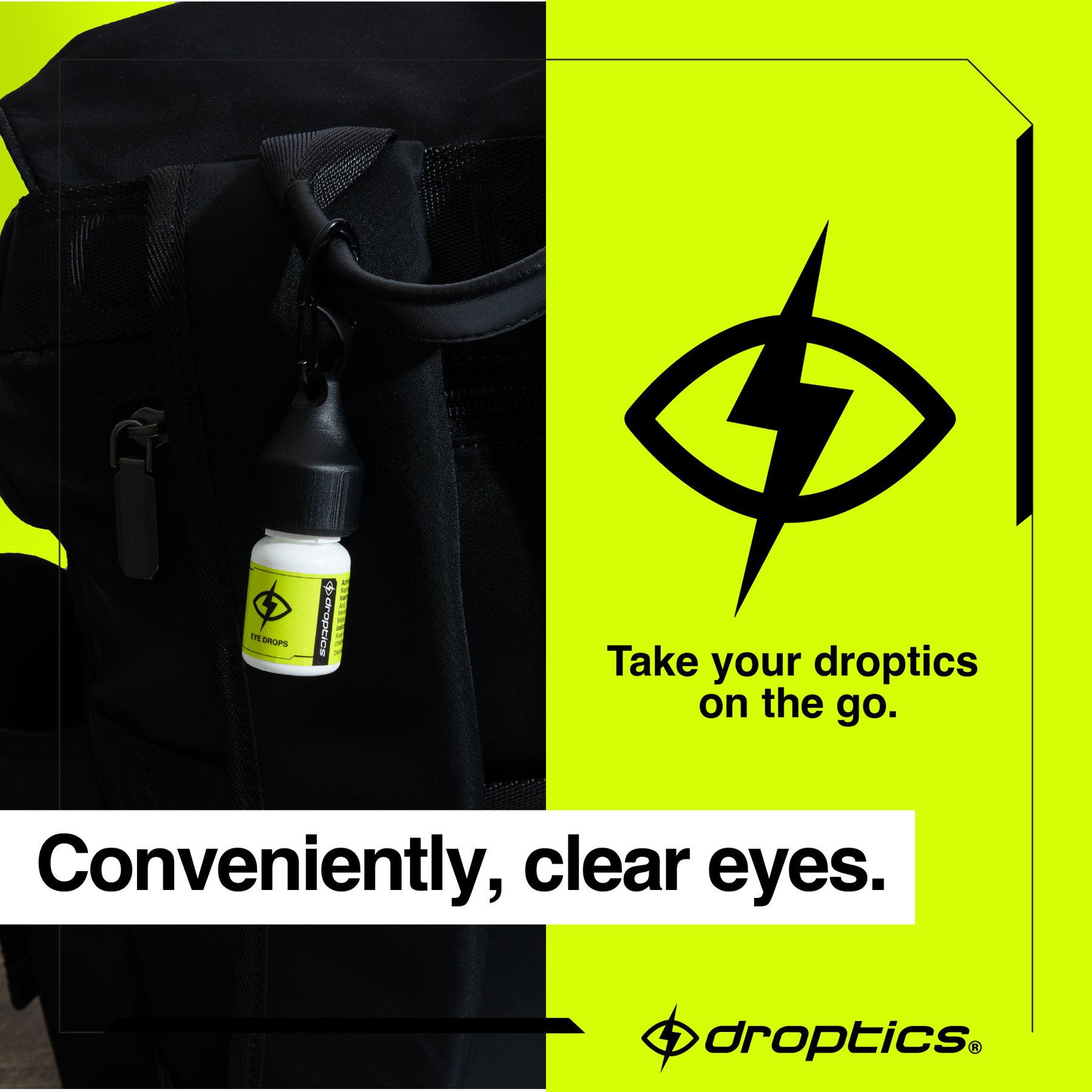Take your Droptics on the go — clip-on bottle on a backpack