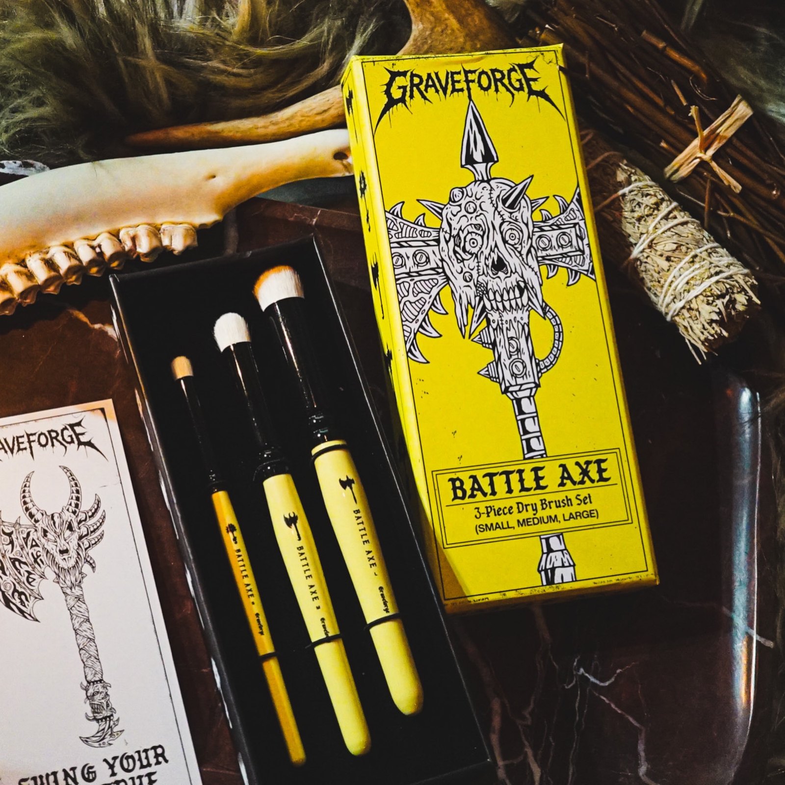 Battle Axe dry-brush set with yellow box, sage, and skull