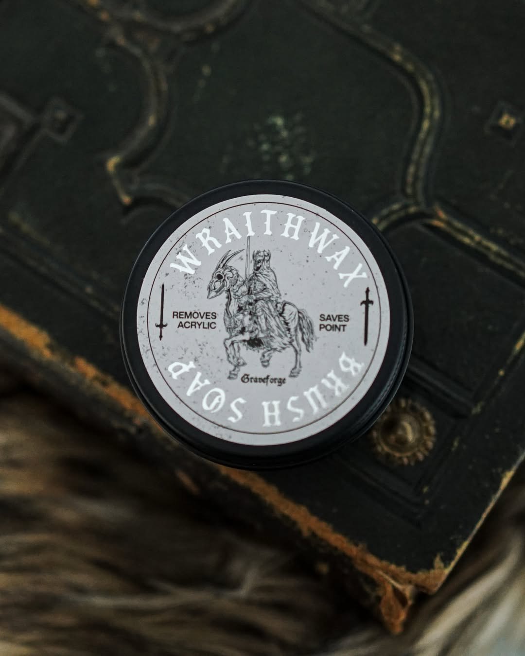 Wraithwax brush soap tin, close up