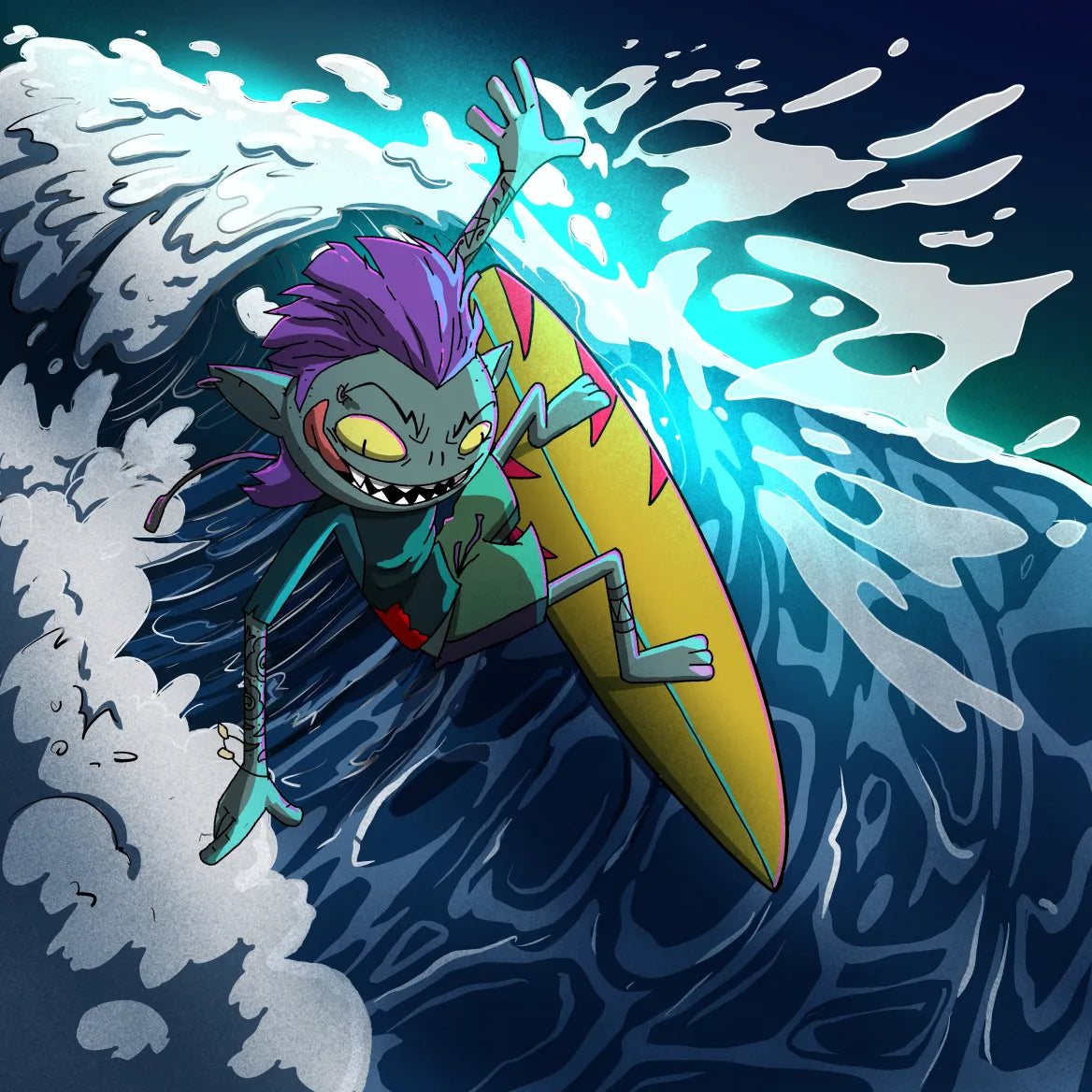 Illustration of Thrash surfing a glowing wave