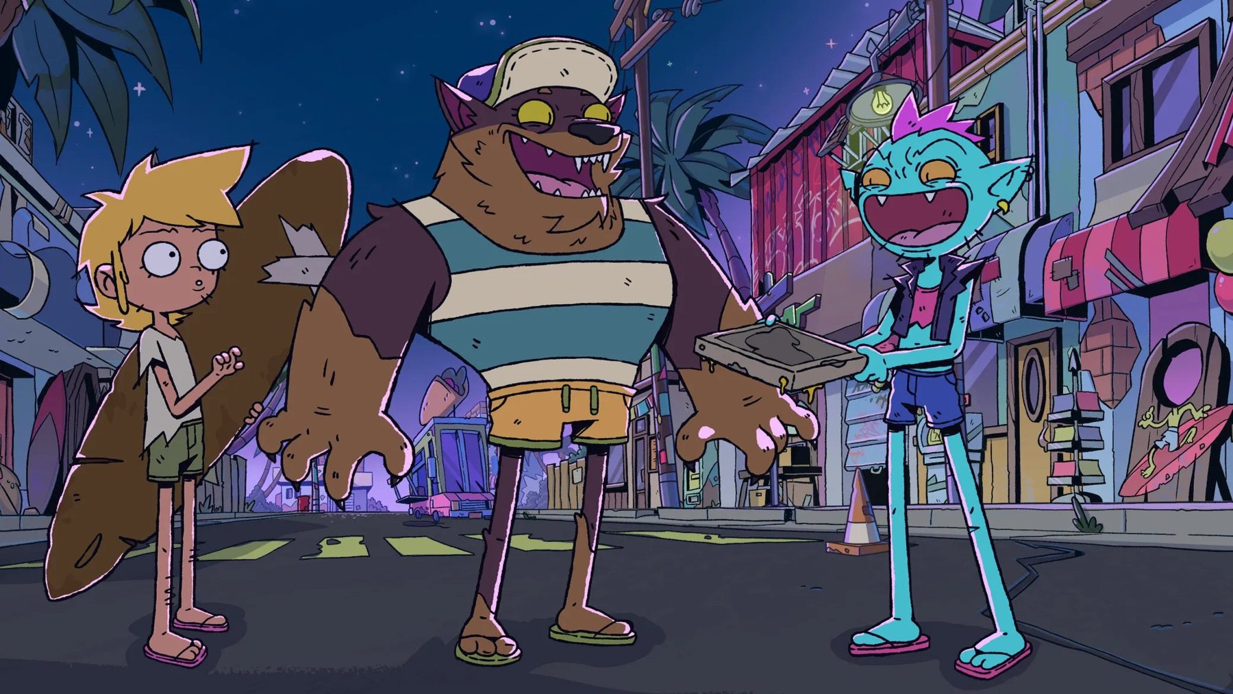 The cast on a Blood Island street at night