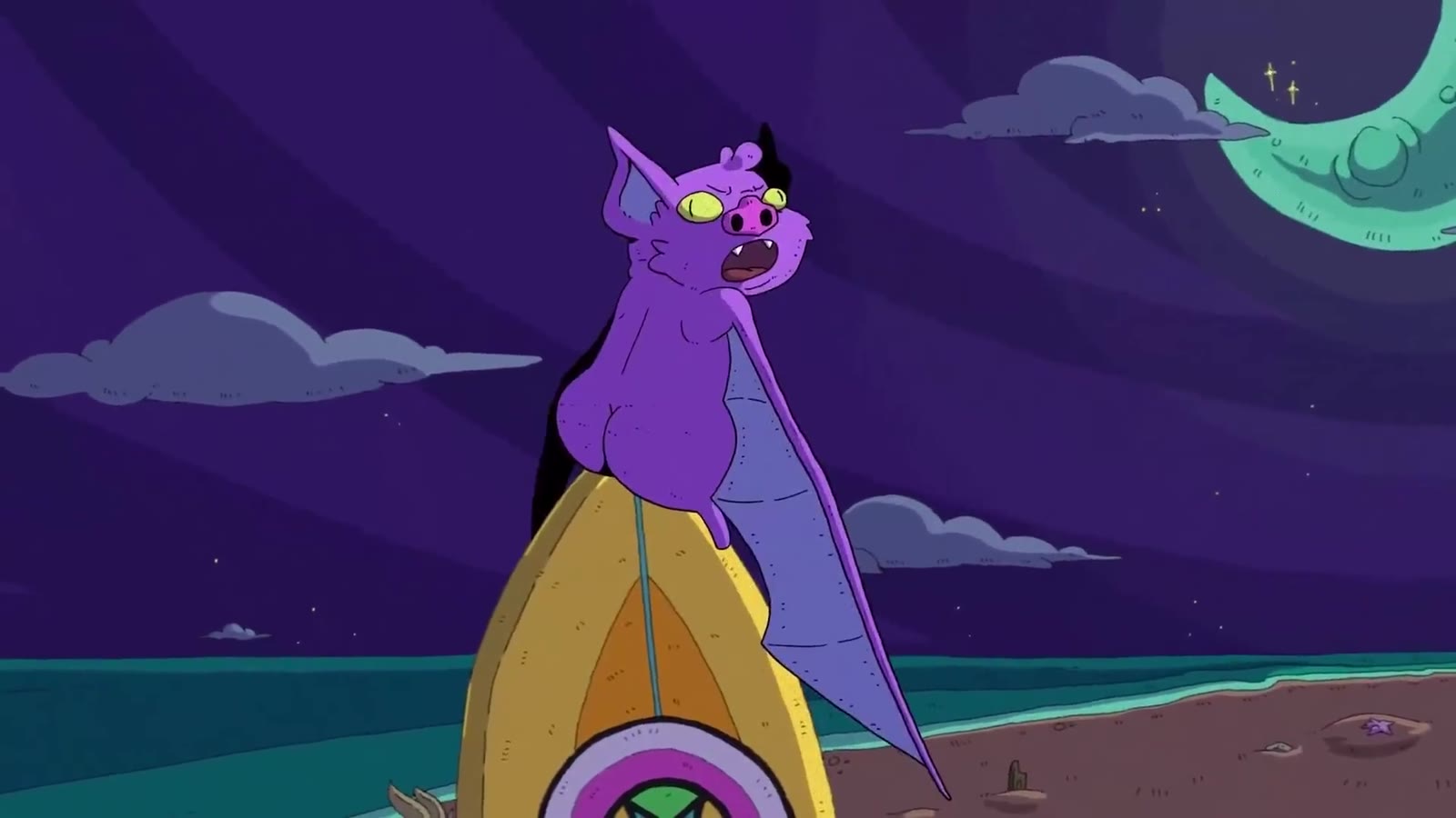 A vampire bat riding a surfboard under the moon